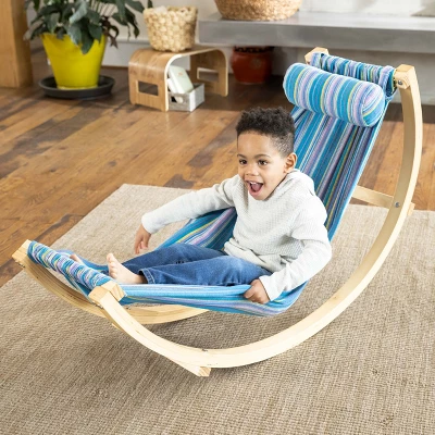 HearthSong - Kids Indoor Lightweight Wood And Blue Cotton Polyester Rocking Floor Hammock With Pillow, 50"L X 14"W 6 HearthSong - Kids Indoor Lightweight Wood And Blue Cotton Polyester Rocking Floor Hammock With Pillow, 50"L X 14"W - Image 6
