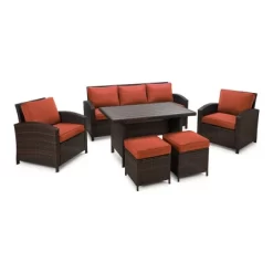 6pc Wicker Outdoor Conversation Set With Cushions & Ottomans - Orange - EDYO LIVING