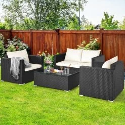 Costway 4PCS Patio Rattan Furniture Set Cushioned Sofa Chair Coffee Table Off White
