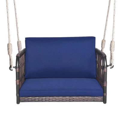 Costway Porch Swing Chair Rattan Woven Hanging Bench Seat With Cushions Hooks Balcony Navy 9 Costway Porch Swing Chair Rattan Woven Hanging Bench Seat With Cushions Hooks Balcony Navy - Image 9