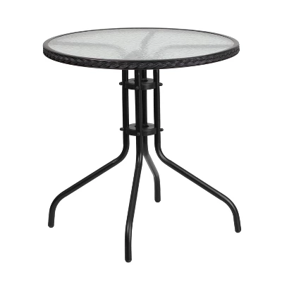 Emma And Oliver 28" Round Tempered Glass Metal Table With Rattan Edging 4 Emma And Oliver 28" Round Tempered Glass Metal Table With Rattan Edging - Image 4