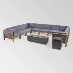 Comores 12pc Acacia U-Shaped Sectional Sofa Set With Fire Pit - Gray/Dark Gray - Christopher Knight Home