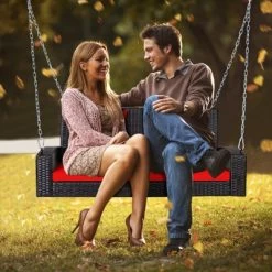 Tangkula Outdoor Wicker Porch Swing Bench 2-Person Patio Rattan Swing Chair W/ Soft Cushions White/Turquoise/Red/Black -Quality Garden Outdoor Store GUEST 0f1843ee b5be 474b a332 620b2b7741df