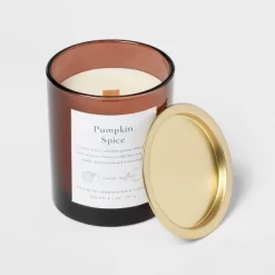 Clear Colored Glass With Woodwick And Brass Metal Inset Lid Pumpkin Spice - Threshold™ -Quality Garden Outdoor Store GUEST 0f1ab2d8 1770 4918 b056 6328d597fa18