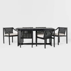 7pc Modern Slatted Wood Outdoor Dining Set - Saracina Home -Quality Garden Outdoor Store GUEST 117dd8e5 e41e 4deb 8859 7e6c9ff717ab