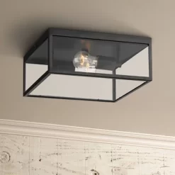 John Timberland Modern Outdoor Ceiling Light Fixture Matte Black 12" Clear Glass Panels Square Exterior House Porch Patio Outside