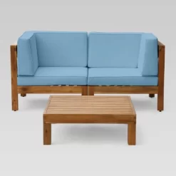 Brava 3pc Acacia Modular Loveseat And Table Set - Teak/Blue - Christopher Knight Home