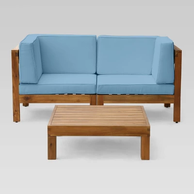 Brava 3pc Acacia Modular Loveseat And Table Set - Teak/Blue - Christopher Knight Home 1 Brava 3pc Acacia Modular Loveseat And Table Set - Teak/Blue - Christopher Knight Home