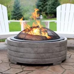 Sunnydaze Decor Sunnydaze Outdoor Large Round Faux Stone Fire Pit With Handles, Log Poker, And Spark Screen - 35" - Gray