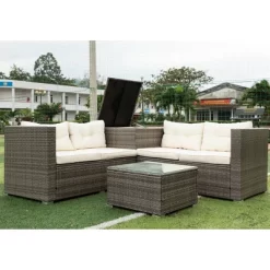 4pc Wicker Patio Sectional Seating Set With Cushions - Gray/Beige - GODEER -Quality Garden Outdoor Store GUEST 1d3297cc ed5e 41e8 b6c8 b27389ef99a6