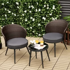 Tangkula 3PCS Rattan Patio Furniture Set Outdoor Conversation Furniture Set W/ Seat Cushions