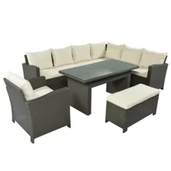 6pc Outdoor Wicker Set With Loveseats, Sofa, Chair, Coffee Table & Bench - Beige - GODEER -Quality Garden Outdoor Store GUEST 251f1351 b821 418f a5ef b425d9a62058