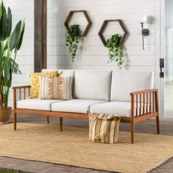 Saracina Home Modern Boho Eucalyptus Outdoor Spindle Sofa With Cushions