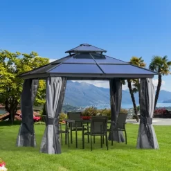 Outsunny Hardtop Gazebo Outdoor Polycarbonate Canopy Aluminum Frame Pergola With Double Vented Roof, Netting & Curtains For Garden