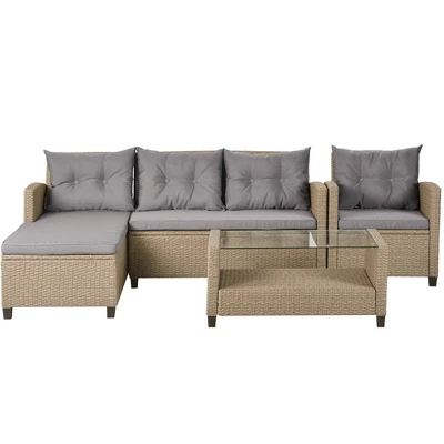 4pc Wicker Patio Conversation Set With Cushions - Beige/Brown - GODEER 4 4pc Wicker Patio Conversation Set With Cushions - Beige/Brown - GODEER - Image 4