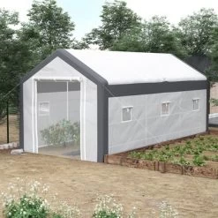 Outsunny 20' X 10' X 9' Walk-In Greenhouse, Outdoor Gardening Canopy With 6 Roll-up Windows, 2 Zippered Doors & Weather Cover, White