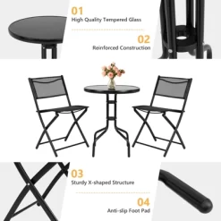 Tangkula 3-Piece Patio Bistro Dining Furniture Set, Outdoor Patio Conversation Set With Round Black Tempered Glass Tabletop And 2 Folding Chairs 15 Tangkula 3-Piece Patio Bistro Dining Furniture Set, Outdoor Patio Conversation Set With Round Black Tempered Glass Tabletop And 2 Folding Chairs -Quality Garden Outdoor Store GUEST 2c857e77 0a69 4275 8349 2f9d1893499a