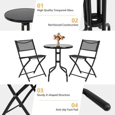 Tangkula 3-Piece Patio Bistro Dining Furniture Set, Outdoor Patio Conversation Set With Round Black Tempered Glass Tabletop And 2 Folding Chairs 8 Tangkula 3-Piece Patio Bistro Dining Furniture Set, Outdoor Patio Conversation Set With Round Black Tempered Glass Tabletop And 2 Folding Chairs - Image 8