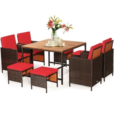Costway 9PCS Patio Rattan Dining Set Cushioned Chairs Ottoman Wood Table Top WhiteRed 3 Costway 9PCS Patio Rattan Dining Set Cushioned Chairs Ottoman Wood Table Top WhiteRed - Image 3