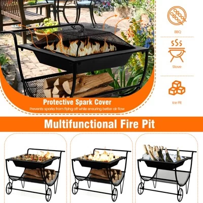 Tangkula 21.5" Fire Pit & Firewood Log Rack Outdoor Square Firepit & Firewood Holder With Spark Screen Rolling Wheels 6 Tangkula 21.5" Fire Pit & Firewood Log Rack Outdoor Square Firepit & Firewood Holder With Spark Screen Rolling Wheels - Image 6