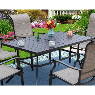 7pc Patio Dining Set With Rectangle Table With 2.6" Umbrella Hole & Sling Arm Chairs - Captiva Designs 5 7pc Patio Dining Set With Rectangle Table With 2.6" Umbrella Hole & Sling Arm Chairs - Captiva Designs - Image 5