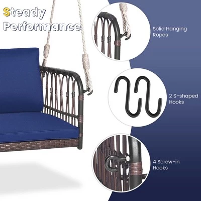 Costway Porch Swing Chair Rattan Woven Hanging Bench Seat With Cushions Hooks Balcony Navy 7 Costway Porch Swing Chair Rattan Woven Hanging Bench Seat With Cushions Hooks Balcony Navy - Image 7