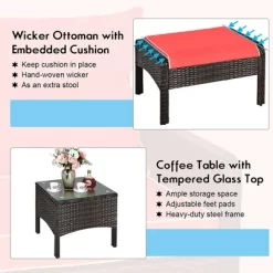 Costway 5 PCS Patio Rattan Furniture Set Sofa Ottoman Table W/Cushion Garden Red -Quality Garden Outdoor Store GUEST 3752291e 8f6d 4d38 bd1f 64f25c978545