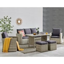 Barton 6 PCS Patio Dining Set Rattan Wicker Set With Wood Grain Top Table, Grey