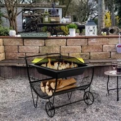 Tangkula 21.5" Fire Pit & Firewood Log Rack Outdoor Square Firepit & Firewood Holder With Spark Screen Rolling Wheels