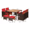 Costway 9PCS Patio Rattan Dining Set Cushioned Chairs Ottoman Wood Table Top WhiteRed