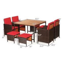 Costway 9PCS Patio Rattan Dining Set Cushioned Chairs Ottoman Wood Table Top WhiteRed