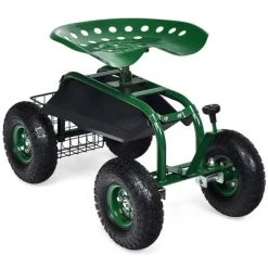 Costway Garden Cart Rolling Work Seat W/ Tool Tray Basket Green