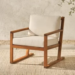 Saracina Home Modern Slat-Back Acacia Outdoor Arm Chair With Cushions