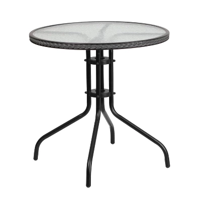 Emma And Oliver 28" Round Tempered Glass Metal Table With Rattan Edging 2 Emma And Oliver 28" Round Tempered Glass Metal Table With Rattan Edging - Image 2