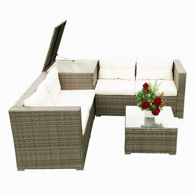 4pc Wicker Patio Seating Set With Cushions - Gray/Beige - GODEER 4 4pc Wicker Patio Seating Set With Cushions - Gray/Beige - GODEER - Image 4