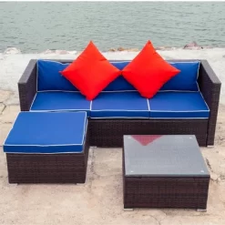 3pc Wicker Patio Sectional Seating Set With Cushions - Brown/Blue - GODEER -Quality Garden Outdoor Store GUEST 487b898d 9755 4763 aaa5 e3a9a0838c22