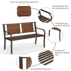 Costway Patio Garden Bench Steel Frame Rattan Backrest Park Yard Outdoor Porch Furniture -Quality Garden Outdoor Store GUEST 4aa939de 2abe 4db9 9bb0 5be7bcb484e6