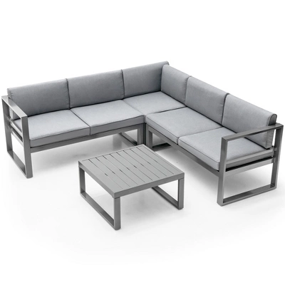 Costway 4PCS Patio Furniture Set Aluminum Frame Loveseat Coffee Table Cushions Deck Grey 4 Costway 4PCS Patio Furniture Set Aluminum Frame Loveseat Coffee Table Cushions Deck Grey - Image 4