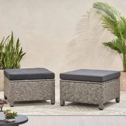 Puerta 2pk Outdoor Wicker Ottomans With Cushions - Black/Dark Gray - Christopher Knight Home