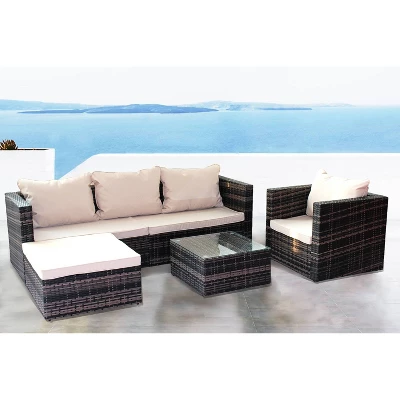4pc Wicker Patio Sectional Seating Set With Sofa, Arm Chair, Ottoman & Accent Table - Brown/Beige - GODEER 3 4pc Wicker Patio Sectional Seating Set With Sofa, Arm Chair, Ottoman & Accent Table - Brown/Beige - GODEER - Image 3