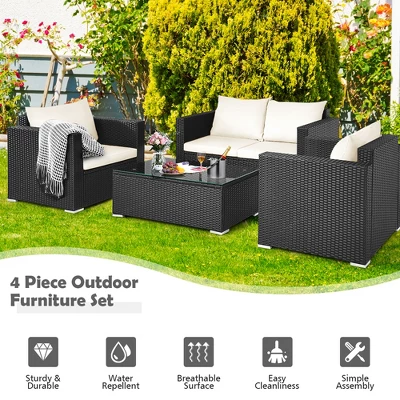Costway 4PCS Patio Rattan Furniture Set Cushioned Sofa Chair Coffee Table Off White 4 Costway 4PCS Patio Rattan Furniture Set Cushioned Sofa Chair Coffee Table Off White - Image 4