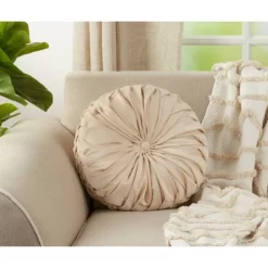 14" Round Velvet Pintucked Poly Filled Throw Pillow Natural - Saro Lifestyle -Quality Garden Outdoor Store GUEST 520b1c2a 868a 43cd 90d5 83668d1c8d2b