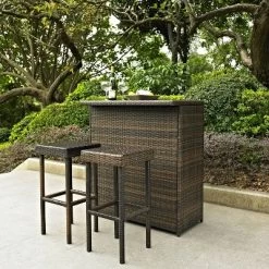 Palm Harbor 3pc Outdoor Wicker Bar Set - Brown - Crosley