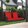 Tangkula Outdoor Wicker Porch Swing Bench 2-Person Patio Rattan Swing Chair W/ Soft Cushions White/Turquoise/Red/Black