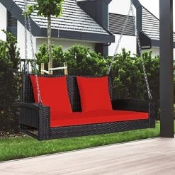 Tangkula Outdoor Wicker Porch Swing Bench 2-Person Patio Rattan Swing Chair W/ Soft Cushions White/Turquoise/Red/Black