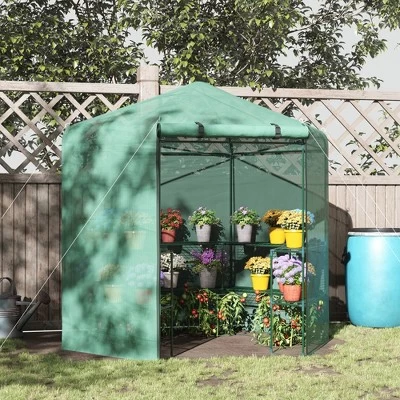 Outsunny Walk-in Greenhouse Outdoor 3 Tier 10 Shelf Warm House Garden Hexagonal Hot House With Roll-Up Zipper Door & Steel Frame 2 Outsunny Walk-in Greenhouse Outdoor 3 Tier 10 Shelf Warm House Garden Hexagonal Hot House With Roll-Up Zipper Door & Steel Frame - Image 2