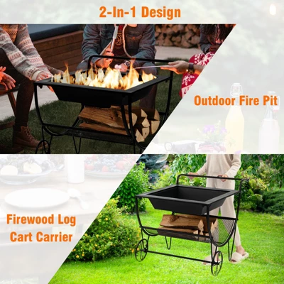 Tangkula 21.5" Fire Pit & Firewood Log Rack Outdoor Square Firepit & Firewood Holder With Spark Screen Rolling Wheels 7 Tangkula 21.5" Fire Pit & Firewood Log Rack Outdoor Square Firepit & Firewood Holder With Spark Screen Rolling Wheels - Image 7