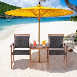 Costway 2-Seat Patio Rattan Bench Acacia Wood Frame Table W/Umbrella Hole Deck