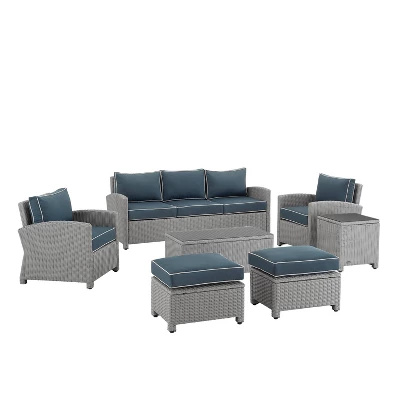 Bradenton 7pc Outdoor Wicker Sofa And Arm Chair Seating Set With Coffee Table, Side Table And 2 Ottomans - Navy/Gray - Crosley 3 Bradenton 7pc Outdoor Wicker Sofa And Arm Chair Seating Set With Coffee Table, Side Table And 2 Ottomans - Navy/Gray - Crosley - Image 3