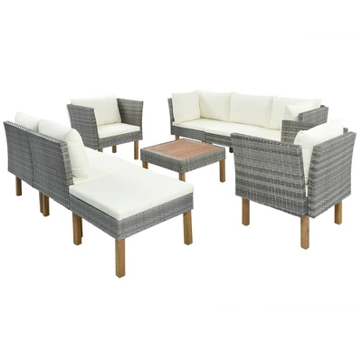 9pc Wicker & Acacia Wood Patio Conversation Set With Cushions - Beige - GODEER 5 9pc Wicker & Acacia Wood Patio Conversation Set With Cushions - Beige - GODEER - Image 5